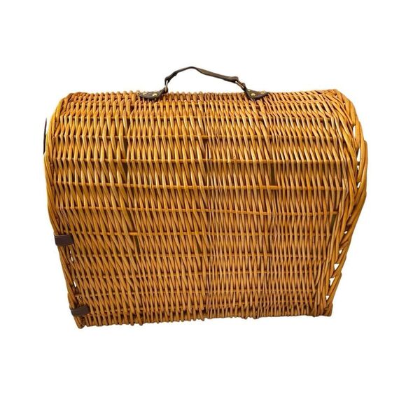 Medium Wicker Pet Carrier Plaid Lining Cat Dog Travel Vacation Luggage - Picture 4 of 16